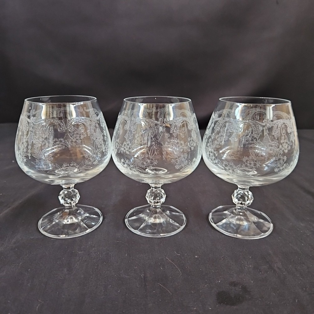 Bohemia Czech Etched Crystal Brandy Snifter 4.25" Set of 3